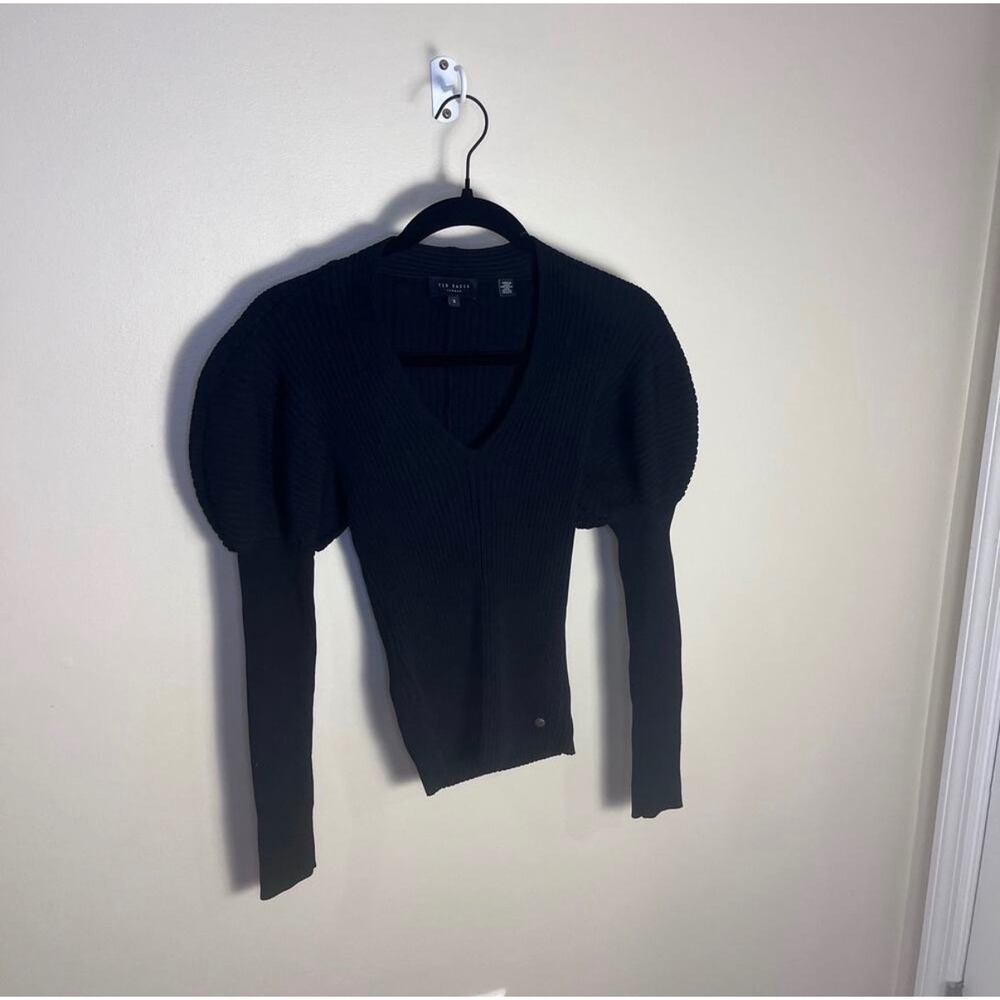 Ted Baker Sweater Women 3 Black Ivery Puff Shoulder V-Neck Ribbed Knit Top - Picture 7 of 9